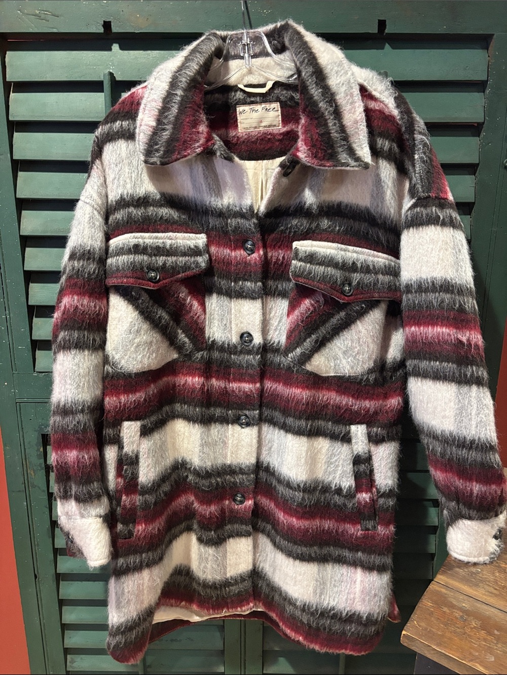 We The Free Striped Shag Coat in Burgundy, Black & White
